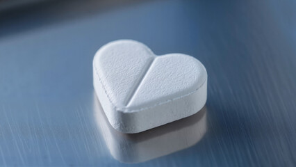 Single scored white heart-shaped tablet lying on cold brushed metallic surface 
