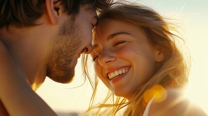 Happy couple enjoying their day at the beach with a warm and affectionate embrace.