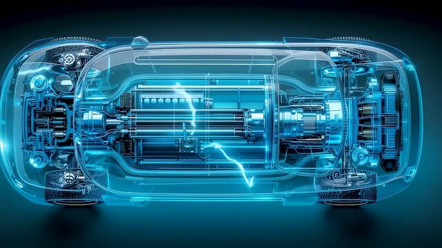 Transparent electric vehicle powertrain layout showing battery pack, motor components, energy flow, chassis structure, and advanced automotive engineering design