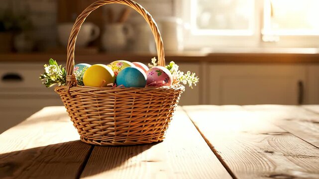 A traditional Easter basket with colorful painted eggs on a rustic wooden table in a sunlit kitchen.