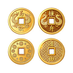 Collection of ancient chinese gold coins with intricate designs