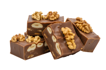 delicious chocolate fudge with walnuts and hazelnuts . Isolated on transparent background, png