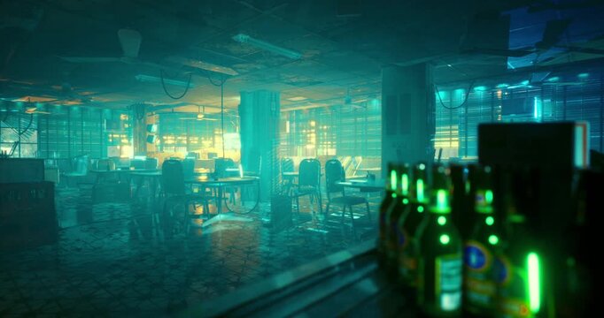 A spacious bar features glowing green bottles as neon lights illuminate the area. Empty tables and chairs hint at a once bustling nightlife atmosphere, with shadows and reflections enhancing the mood.