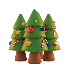 Three festive cartoon Christmas trees decorated with ornaments, stars, and candy canes standing together on brown bases