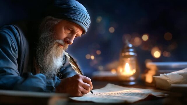 Faceless old scribe figure writing on parchment with quill under lamplight, ancient historian transcribing historical and religious texts, defocused manuscripts background, with co