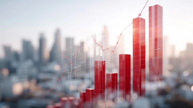 A red bar graph with a city in the background. The graph is showing a downward trend. Scene is somewhat ominous and foreboding