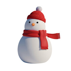 A cheerful snowman stands alone in a winter landscape wearing a red hat and scarf