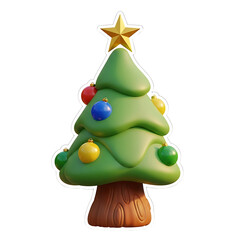 A cartoon Christmas tree decorated with ornaments and a star on top, standing alone on a white background