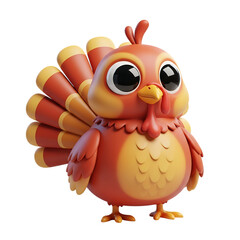 A cartoon turkey character standing on a white background with vibrant orange and yellow plumage, viewed from the front