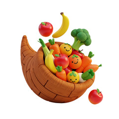 A vibrant assortment of fresh fruits and vegetables overflowing from a woven basket
