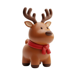 A cartoon reindeer wearing a red scarf standing on a white background