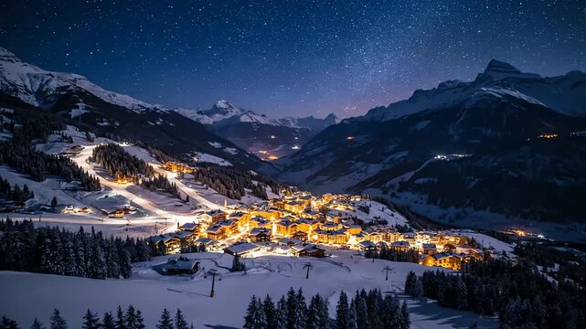 Breathtaking night view of a glowing mountain village nestled in a snowy alpine valley under a star filled sky.