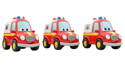 Three red cartoon fire trucks with smiling faces on a white background