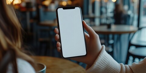 The image features a hand holding a smartphone with a blank screen displaying white lines against a blurred background. The focus is on the interaction between the user and the device.