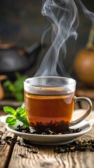 Steaming cup of tea on rustic wood