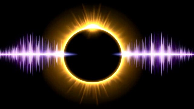Abstract illustration of a solar eclipse with sound waves on a black background.