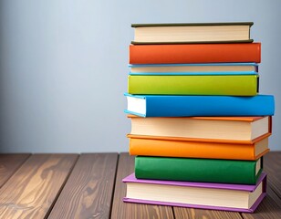 Stacked colorful books on wooden table