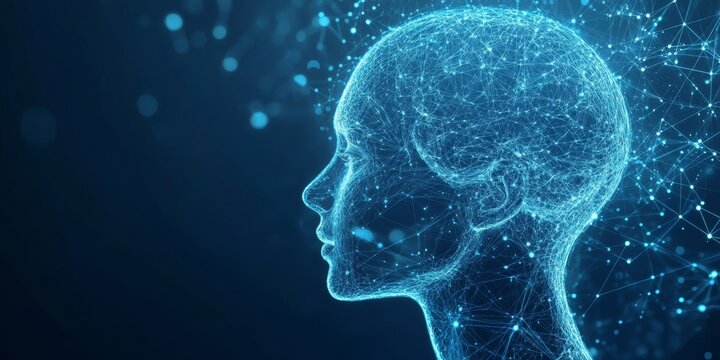 High-tech image of a human head and brain composed of digital blue light particles, symbolizing intelligence, cognition, technology, AI, data processing.