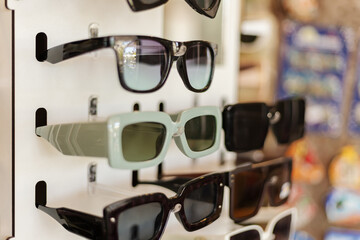 A rack shows different styles of sunglasses in a retail store. Each pair has a unique design. Sunlight brightens the scene and attracts attention to the products