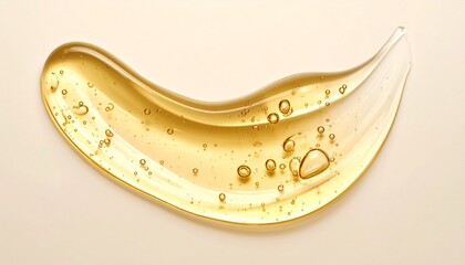 Golden translucent gel smear with suspended bubbles on light beige background, evoking skincare texture