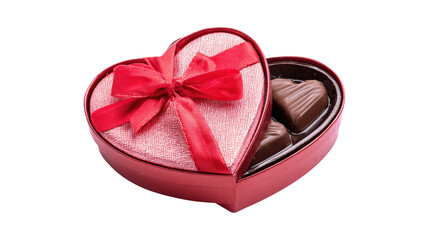 A red heart-shaped box with a red ribbon and a chocolate bar inside