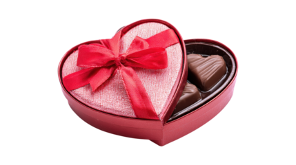 A red heart-shaped box with a red ribbon and a chocolate bar inside