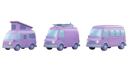 Three purple cartoon vans, each with unique features like a pop-top roof and surfboard, displayed in a row on a white background