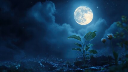 Fototapeta premium Glowing plant under a full moon in a dreamy night landscape with clouds and stars, illuminated foliage in a mystical environment with a sense of magic and wonder