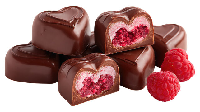 A stack of chocolate hearts with raspberries in the middle