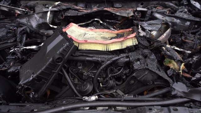 Engine components of a burned vehicle are visible, showcasing the damaged parts and charred materials, highlighting the aftermath of a fire incident in a close-up view