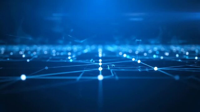 Futuristic Digital Landscape with a Network of Glowing Dots and Lines on a Blue Background