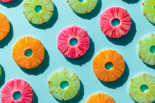Vibrant slices of pineapple and other fruits arranged on a blue background, showcasing a variety of colors and textures.