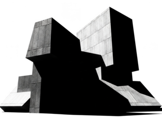 Brutalist concrete building features sharp geometric angles creating deep dark shadows.