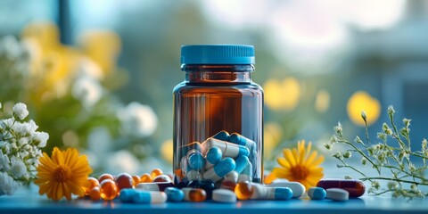 A clear glass bottle with blue cap and filled with multicolored capsules and tablets is placed on a bed of colorful flowers. The image conveys health, wellness, and natural beauty themes.