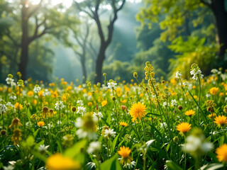 A field of yellow and white flowers with a bright sun shining through the trees