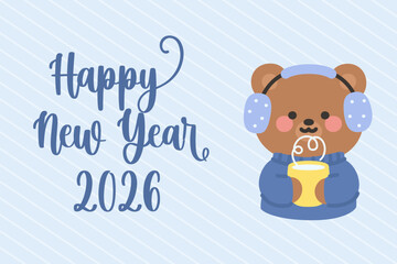 Cute Bear Holding Hot Milk Happy New Year 2026 Illustration