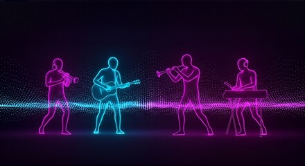 Neon glowing musicians playing guitar trumpet and keyboard in dark background with sound wave, creating vibrant music performance scene with pink blue hues