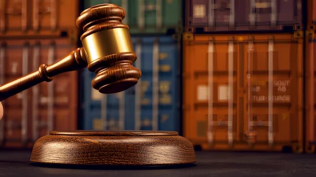 Wooden judge gavel resting on desk before stacked cargo containers, legal authority concept, trade regulation setting, justice and commerce atmosphere