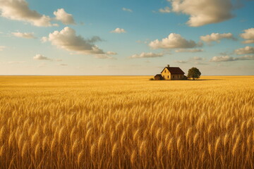 Solitary Farmhouse in Golden Wheat Field