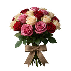 Bouquet of Colorful Roses with Ribbon Transparent Background PNG