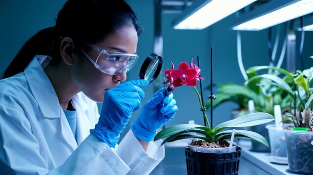 Scientist in protective gear meticulously examines a vibrant orchid with a magnifying glass under grow lights in a laboratory setting