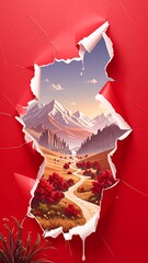 Ripped red backdrop, scenic valley