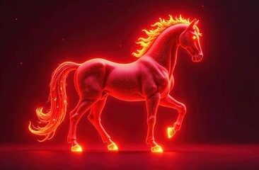 Vibrant glowing horse illustration with fiery mane and hooves, showcasing dynamic movement against a dark background, embodying strength and energy in a fantastical setting