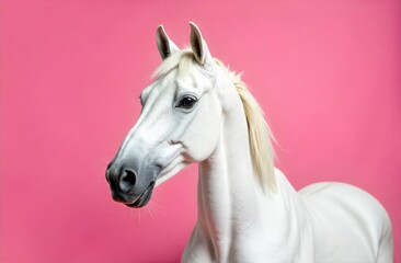 Fototapeta premium Majestic white horse with flowing mane stands gracefully against a vibrant pink backdrop, showcasing its beauty and elegance in a striking portrait composition