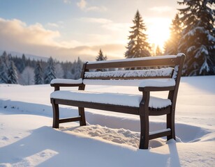 Wooden bench in snowy landscape at sunrise