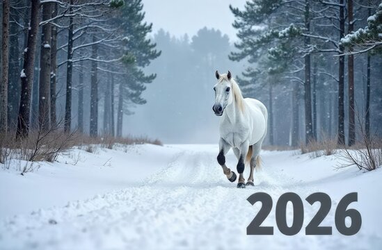 Majestic white horse galloping through a snowy forest landscape, surrounded by tall pine trees, creating a serene winter scene with soft snowflakes falling gently