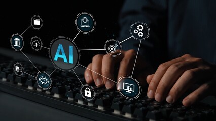 Close-Up of Hands Typing on Keyboard with AI Icons Representing Artificial Intelligence Technology and Digital Innovation in Dark Background Gluon.