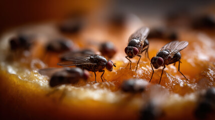 Macro shot of fruit flies swarming over decaying fruit highlighting pest infestation food spoilage and unhygienic conditions
