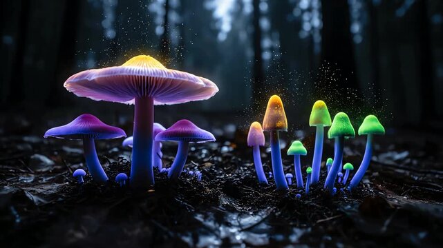 Time Lapse Animation of Magical Glowing Mushrooms in a Dark Fantasy Forest