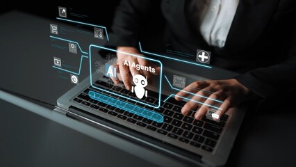 Business professional using a laptop with glowing digital interface showcasing AI agents and...